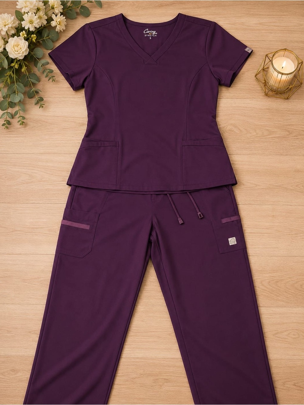 Caring Essentials Women's V-Neck Scrub Set - Plum Track Pants & Top